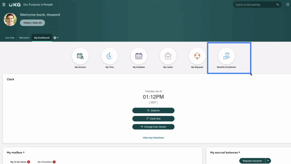 In UKG’s web interface for employees, the dashboard provides quick access to employees’ accounts, time entries, schedules, career plans, and more.