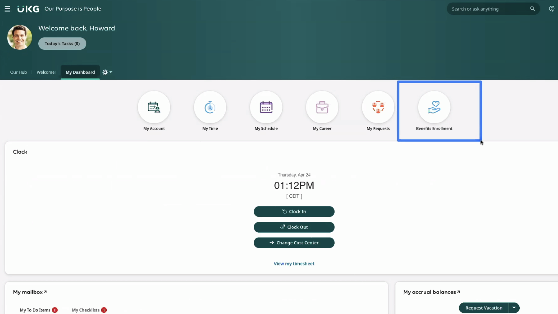 In UKG’s web interface for employees, the dashboard provides quick access to employees’ accounts, time entries, schedules, career plans, and more.