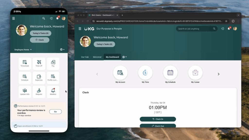 UKG’s mobile app (left) feels very similar to the web portal (right) but lists key features, such as timesheets, time off, and pay, right in the center of the homepage.