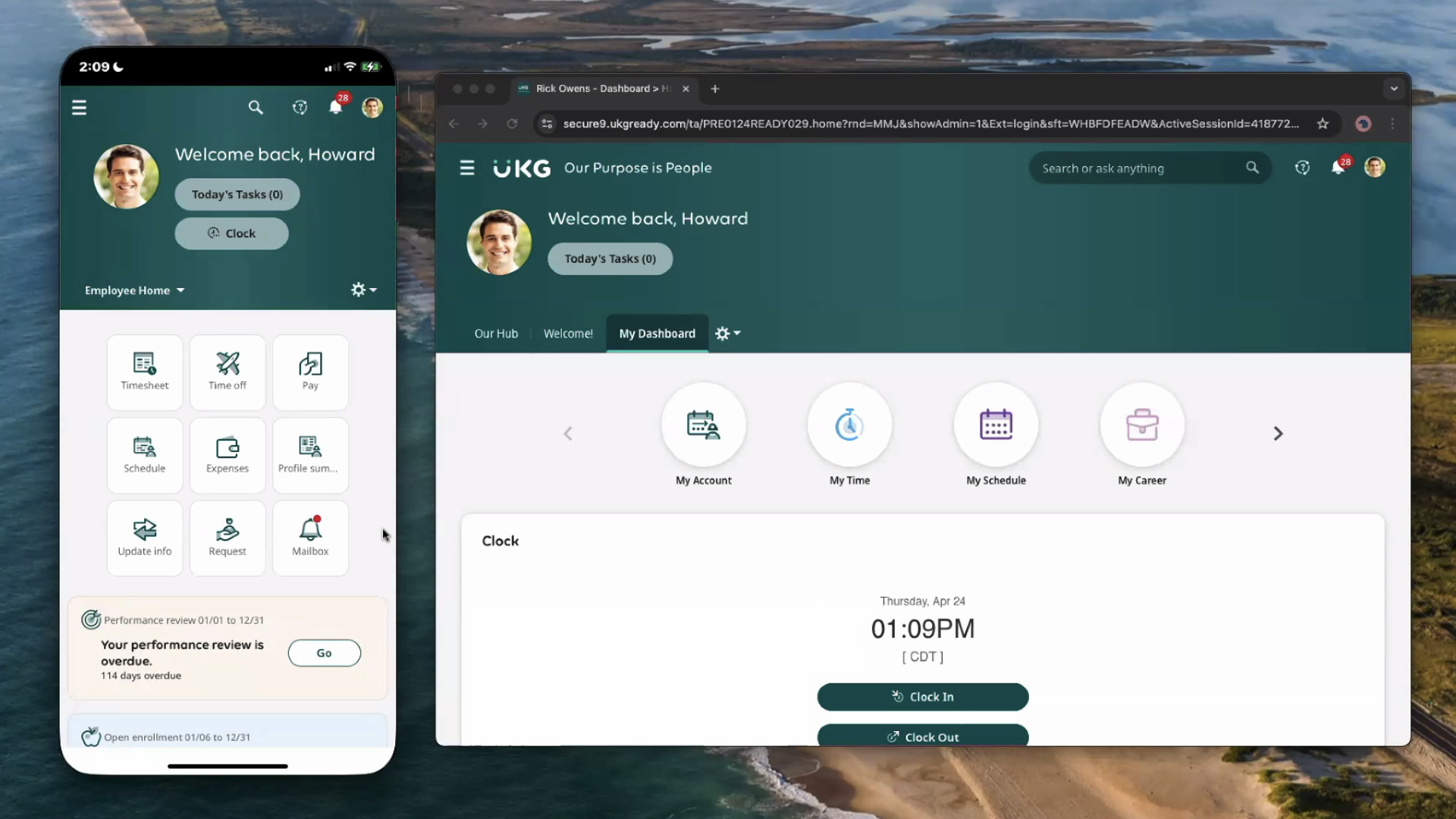 UKG’s mobile app (left) feels very similar to the web portal (right) but lists key features, such as timesheets, time off, and pay, right in the center of the homepage.