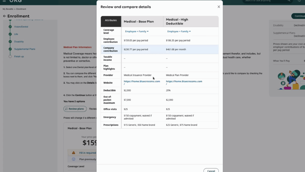 UKG’s benefits enrollment feature lets employees compare plans to make informed choices.