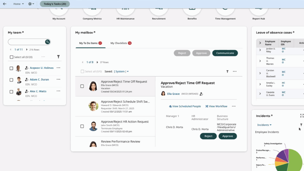 UKG’s mailbox feature only notifies employees and managers of tasks or actions they must complete and isn’t a full-featured communication tool. 