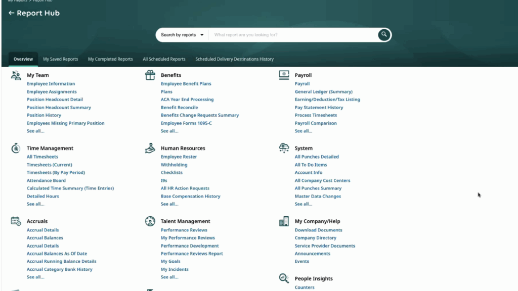 UKG provides access to hundreds of built-in reports, including for team, time management, HR, benefits, payroll, and more.