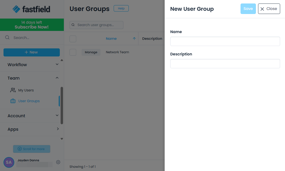 Screenshot showing FastField user group page