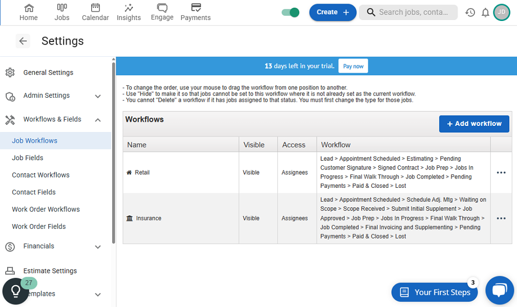 Screenshot showing JobNimbus workflow page