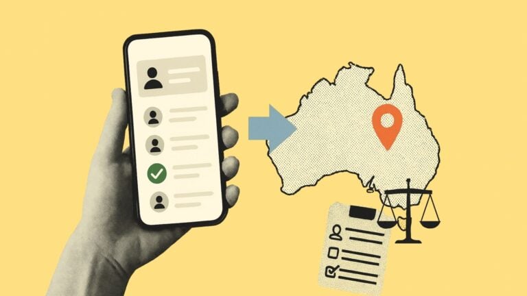 A collage of a hand holding a phone with HR software and a map of Australia