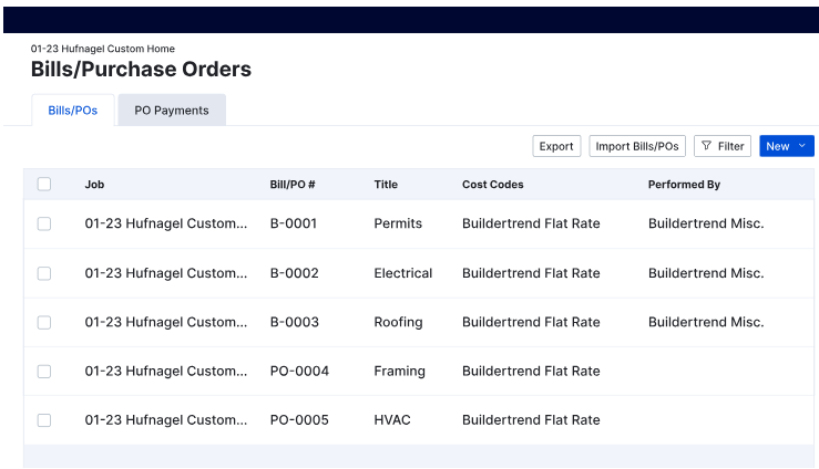 Buildertrend’s dashboard showing a list of bills and purchase orders with columns for Job, Bill/PO, Title, Cost Codes, and Performed By, plus options for exporting and filtering.