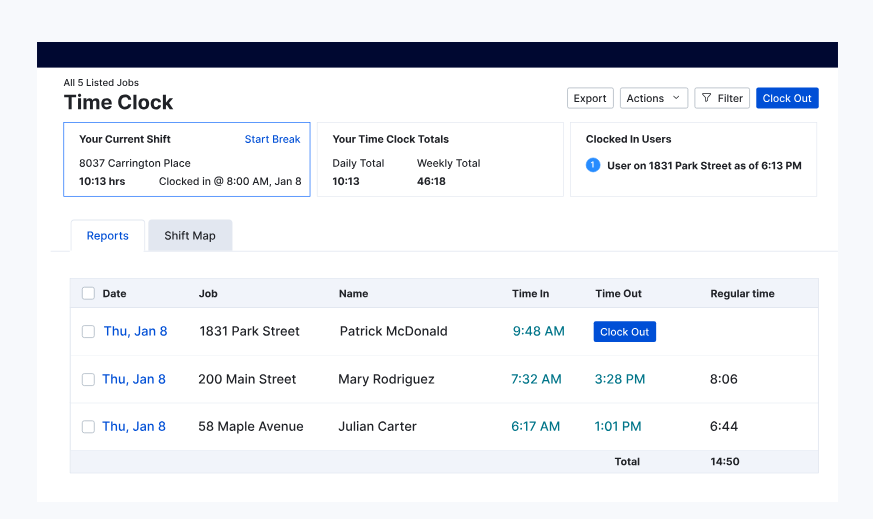 Buildertrend’s dashboard showing a list of bills and purchase orders with columns for Job, Bill/PO, Title, Cost Codes, and Performed By, plus options for exporting and filtering.