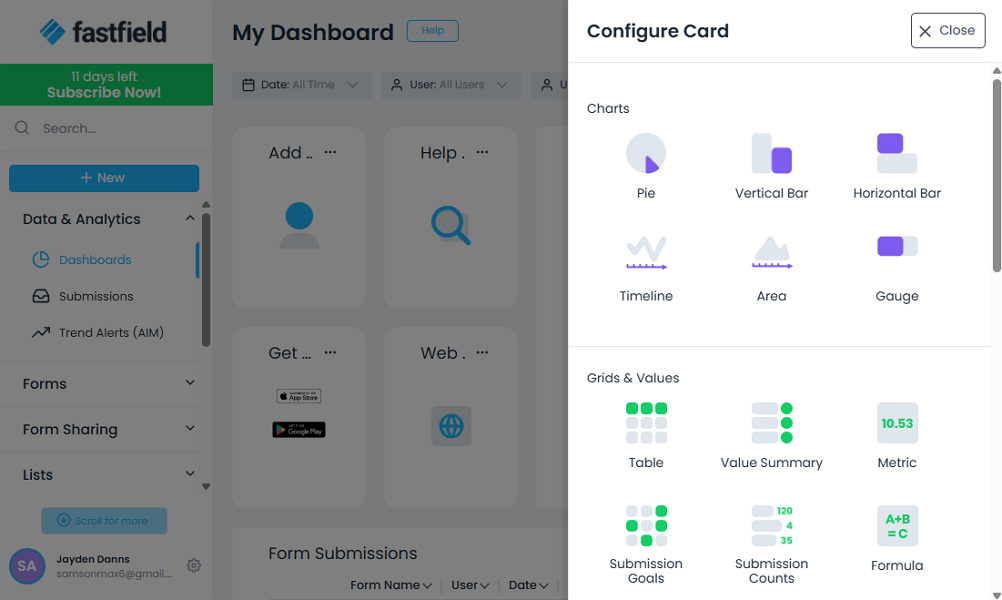 Screenshot showing options to configure dashboard cards.