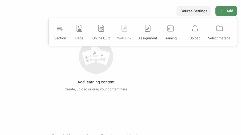 iSpring Learn’s content editor lets you build courses from scratch, divide content into sections, and add quizzes.