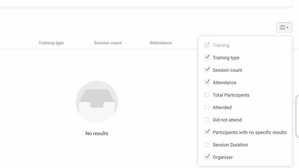 You can customize iSpring Learn’s reports to include your chosen fields, such as training type, session count, participation, attendance, session duration, and more.