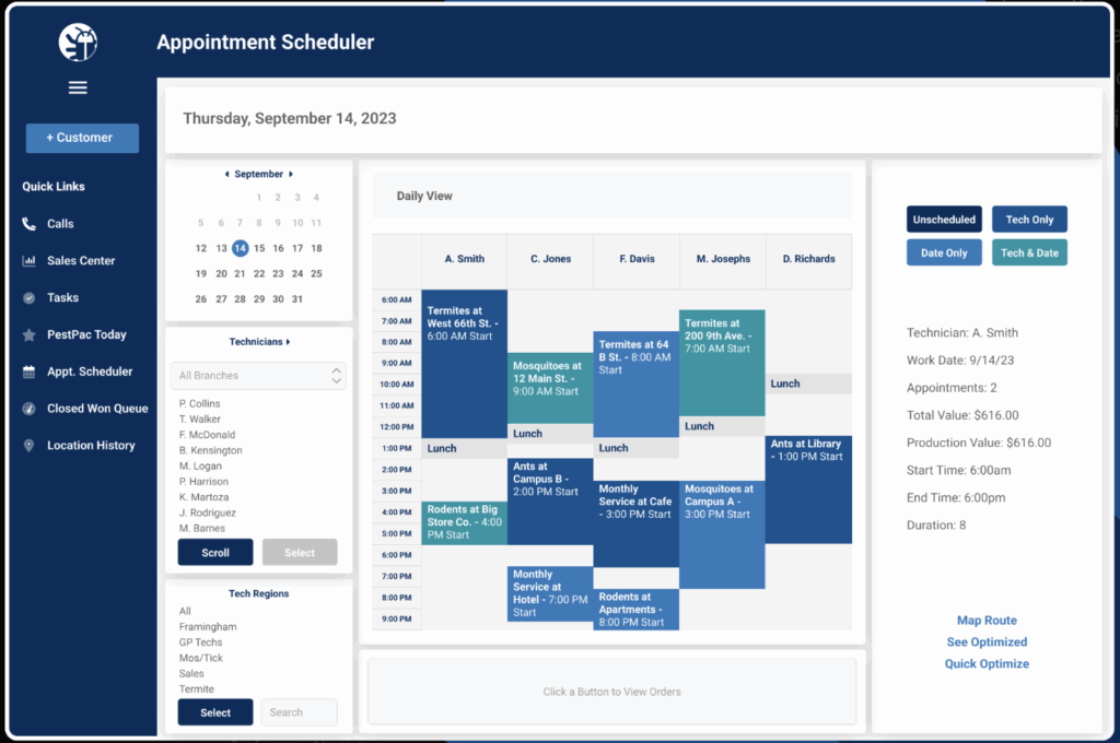 PestPac Appointment Scheduler interface showing technician timelines, service tasks, and route optimization options.