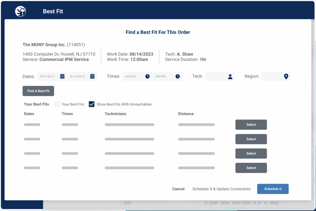 The “Best Fit” tool in PestPac helps quickly match jobs to the most suitable technicians based on time, distance, and availability.