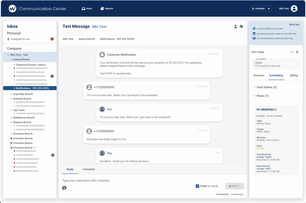 PestPac’s Communication Center enables message logging and contextual replies with integrated customer and scheduling data.