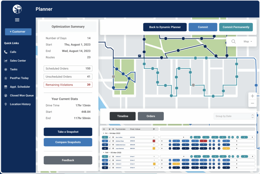 PestPac route planner dashboard showing technician routes, scheduled orders, violations, and drive time optimization summary.