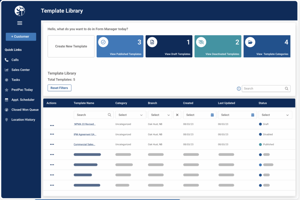 PestPac form template library showing options to create, publish, deactivate, and manage service form templates.