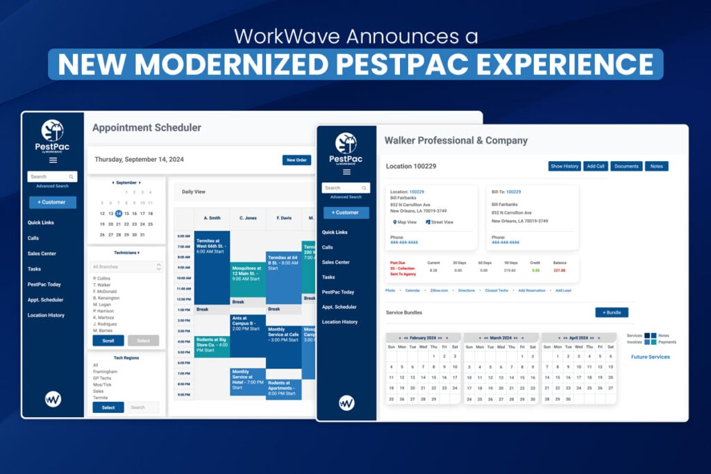 PestPac’s updated interface showing the Appointment Scheduler and customer account view with calendar and service info.