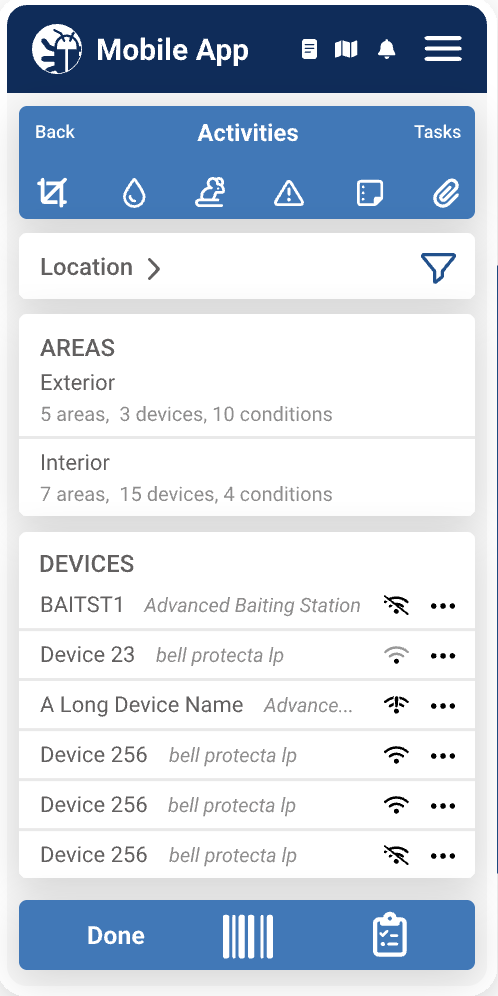 PestPac mobile app screen showing smart trap device activity and condition logging across multiple interior and exterior areas.