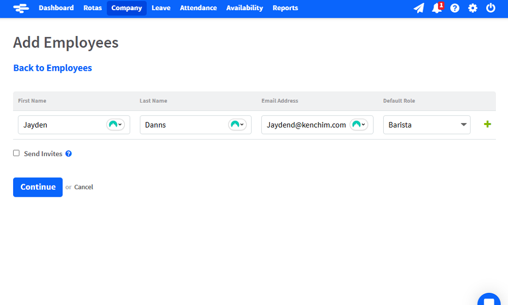 Screenshot showing the add employees page