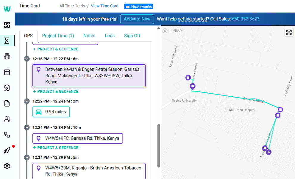 Screenshot showing an employee's time card.