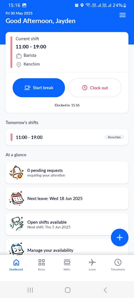 Screenshot showing “start break” button.