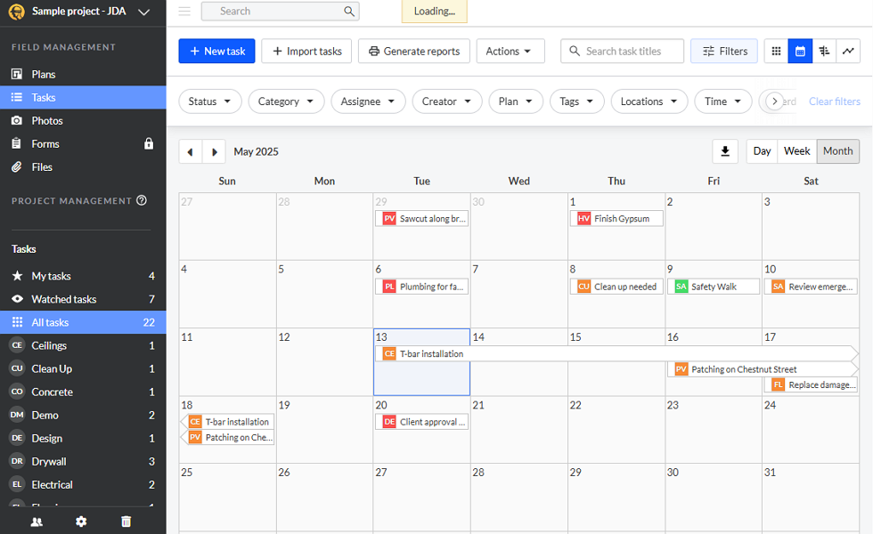 Screenshot showing Fieldwire’s Calendar view