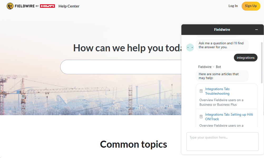 Screenshot showing Fieldwire chatbot widget