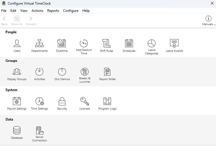 Screenshot showing Virtual TimeClock “configure” page