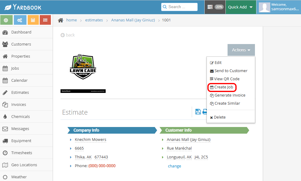 Screenshot showing option to convert estimates to jobs