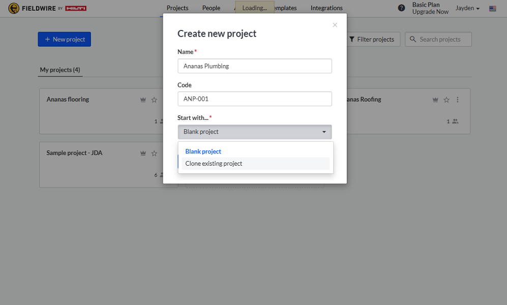 Screenshot showing Fieldwire’s project creation options.
