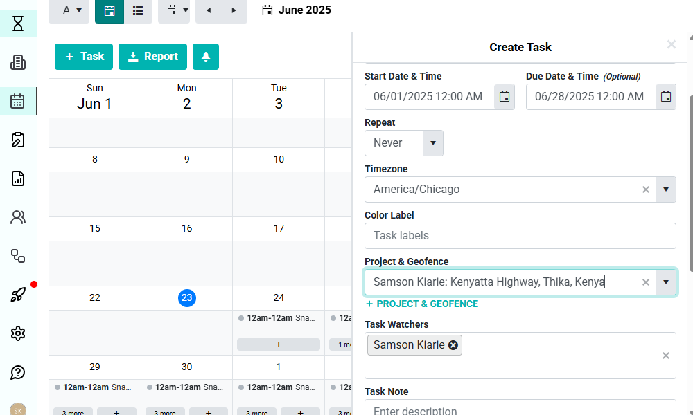 Screenshot showing the option to create tasks. 