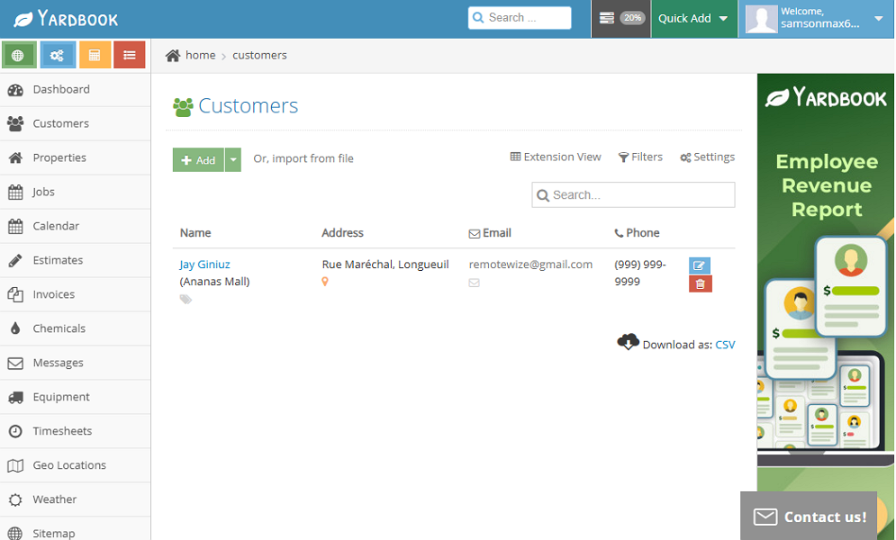 Screenshot showing customers page