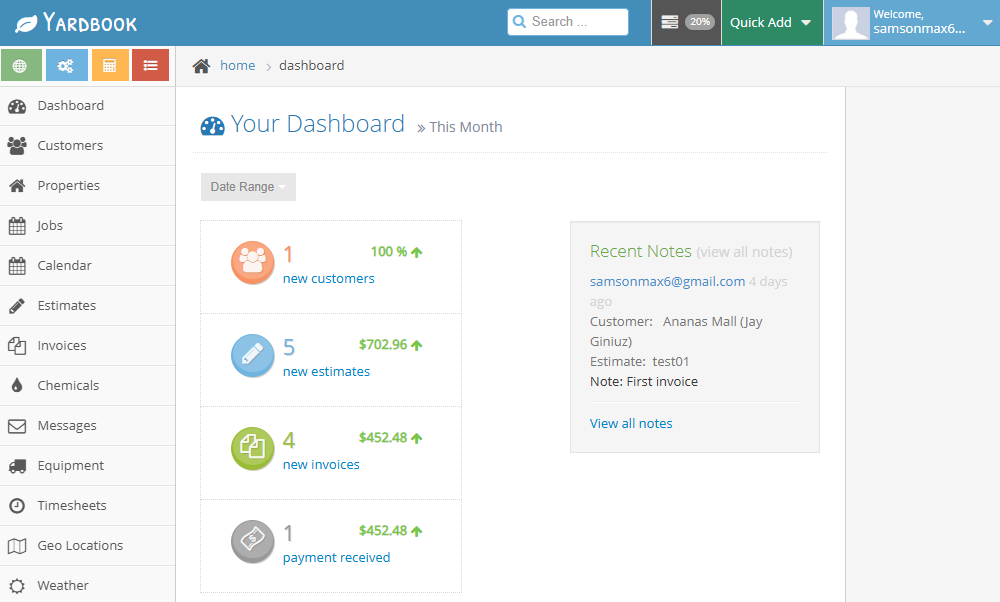 Screenshot showing Yardbook’s dashboard