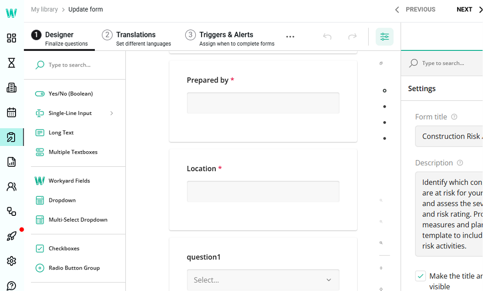 Screenshot showing Workyard’s form editor.