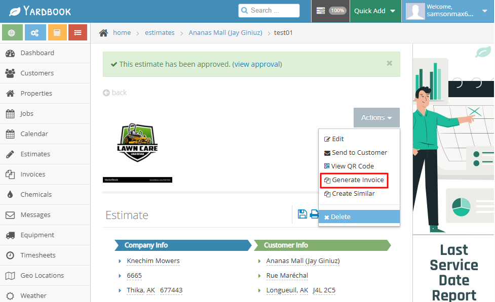 Screenshot showing an option to generate invoices