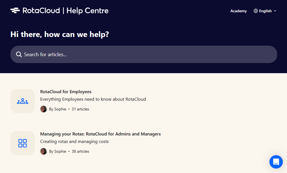 Screenshot showing RotaCloud help center 
