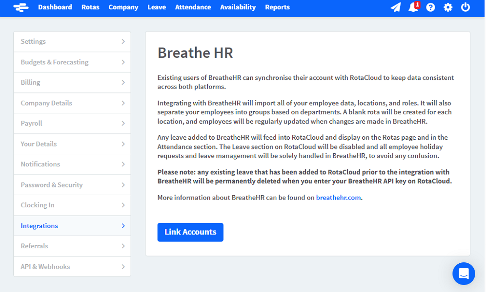 Screenshot showing integration page.