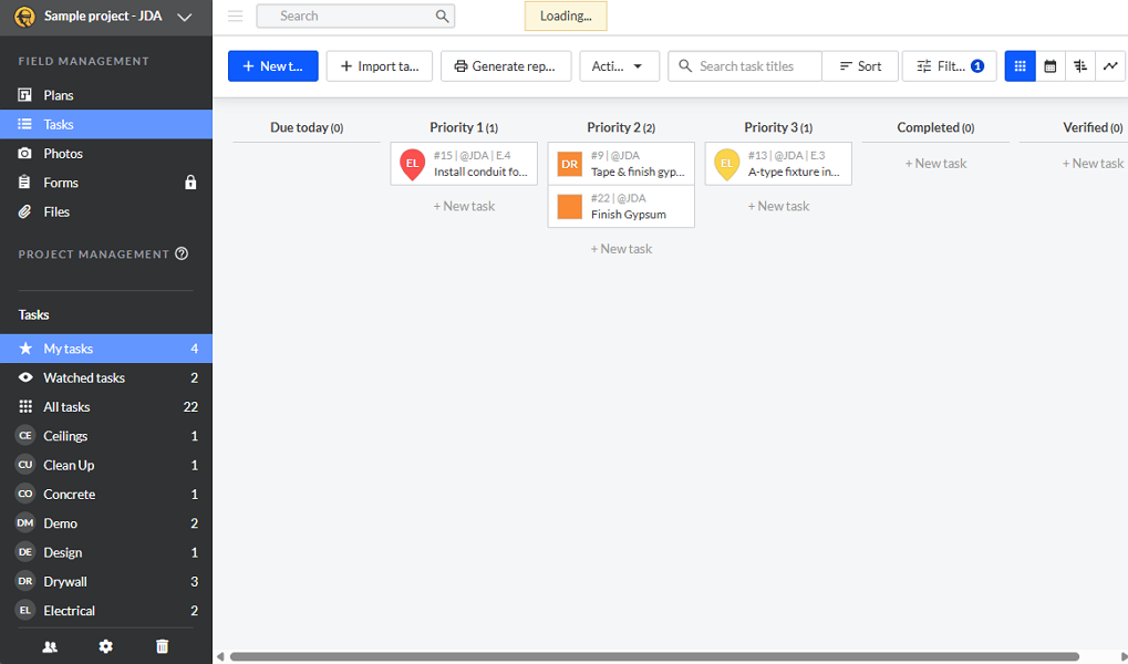 Screenshot showing Fieldwire’s Kanban board.