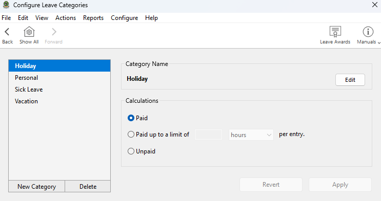Screenshot showing leave settings page
