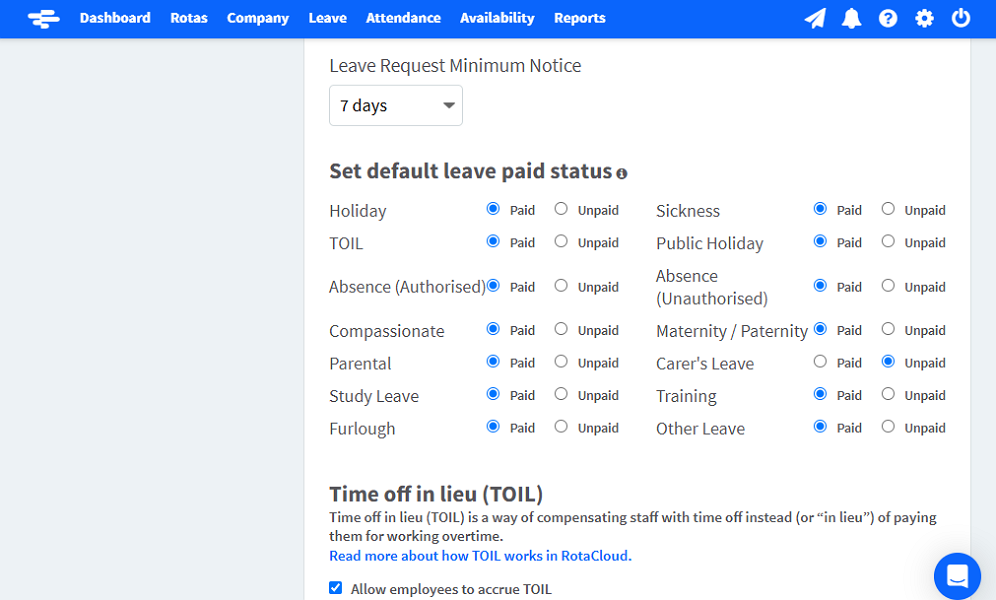Screenshot showing leave types