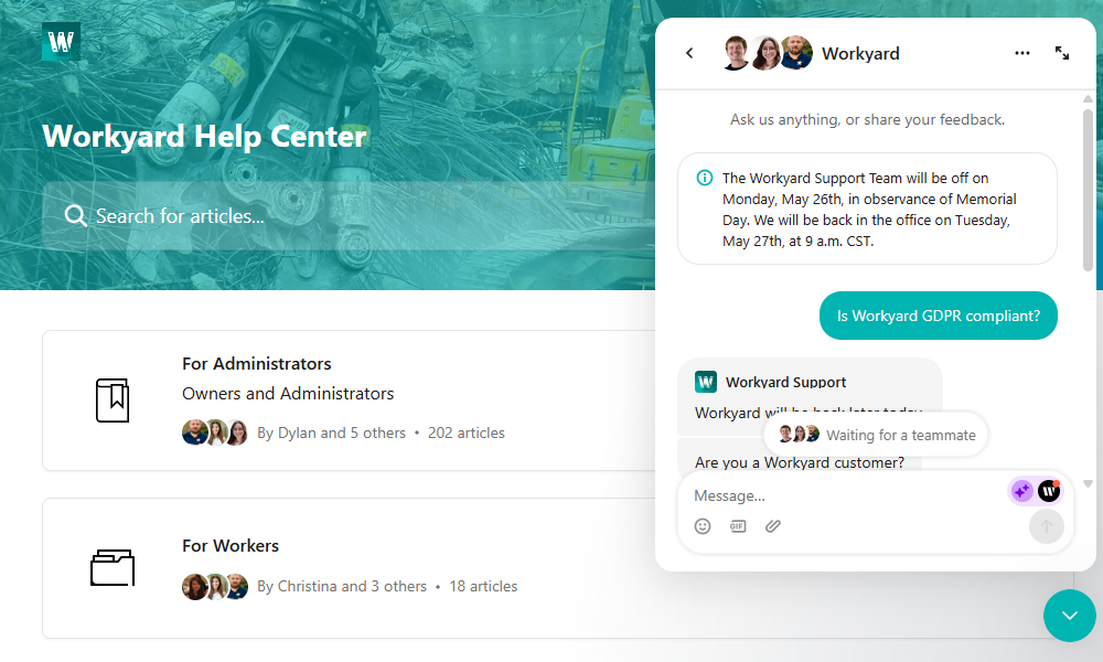 Screenshot showing Workyard’s live chat tool.