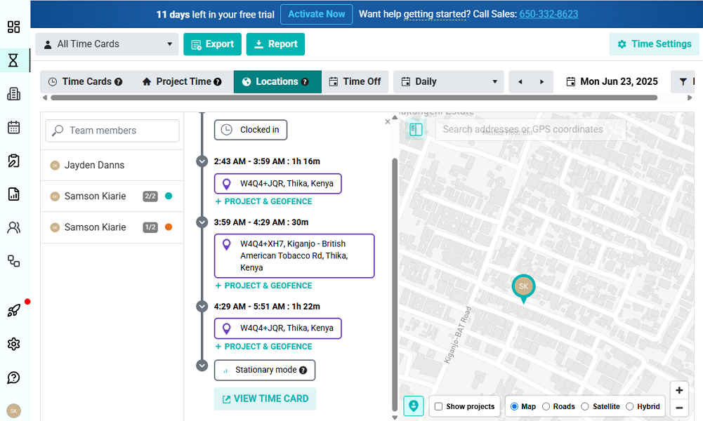 Screenshot showing an employee's time card.