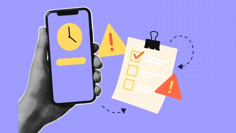 A collage of a hand holding a phone with time tracking software to comply with Medicaid work requirements