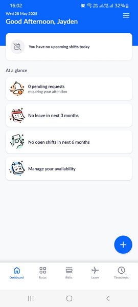 Screenshot showing RotaCloud’s mobile app interface