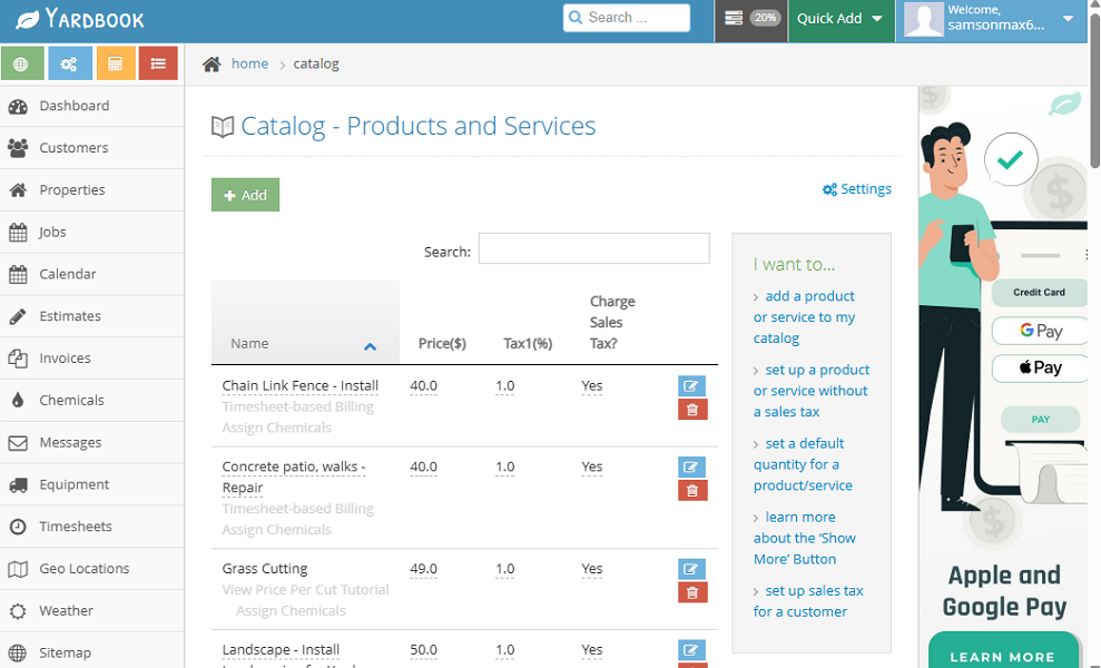 Screenshot showing Yardbook catalog.