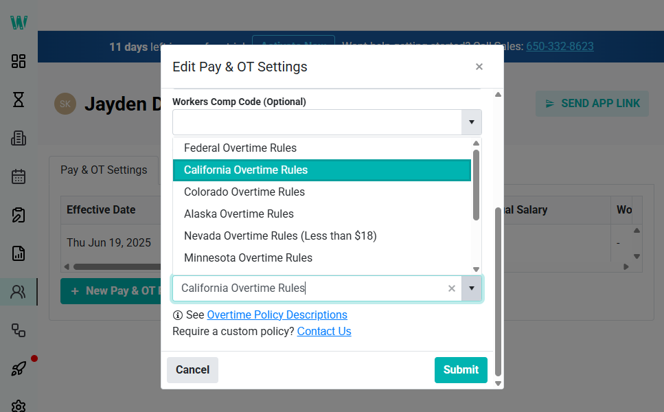 Screenshot showing Workyard’s overtime settings.