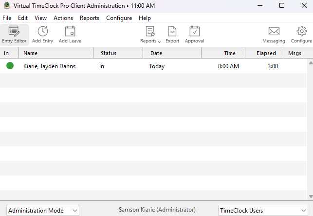 Screenshot showing Virtual TimeClock home UI