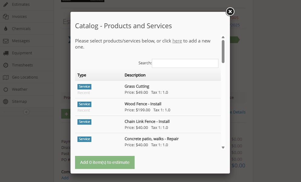 Screenshot showing estimate creation page.