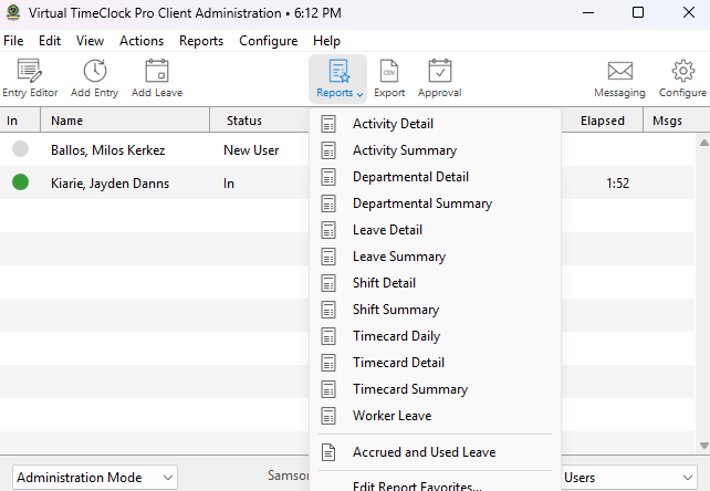 Screenshot showing Virtual TimeClock report options