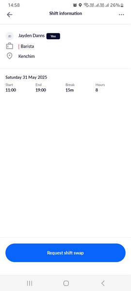 Screenshot showing shift swap request button.